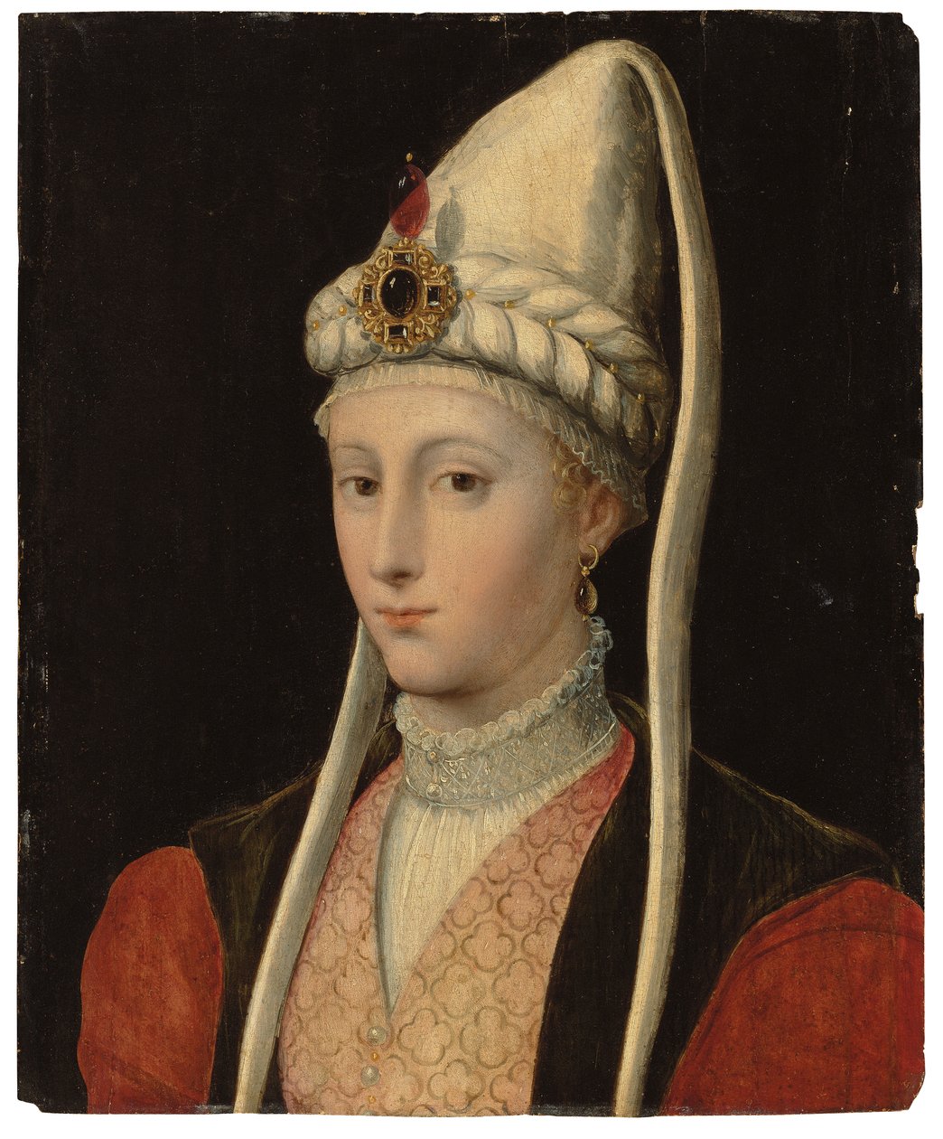 Retrato de uma mulher, possivelmente Haseki Hürrem Sultan, chamada Roxelana, na altura do busto, em traje otomano, com um cocar de jóias de Tiziano Vecelli