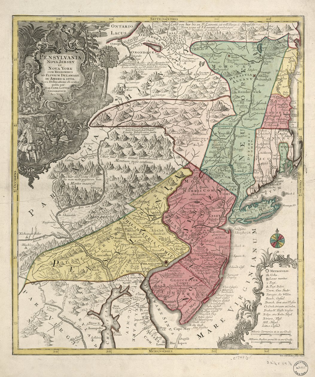 Relevo mostrado pictoricamente. Também abrange a Nova Inglaterra (distorcida) e a região norte de Chesapeake. Título em latim; notas em alemão e latim; legenda em latim, alemão e inglês. Meridiano não identificado. Províncias indicadas pelo col. lavagens;  de Tobias Conrad Lotter