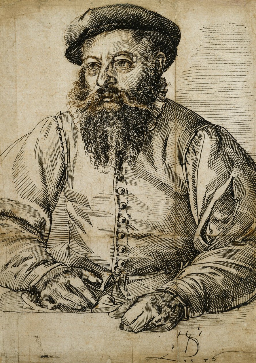 Retrato de um homem barbudo, meio comprimento, sentado a uma mesa, de Tobias Stimmer