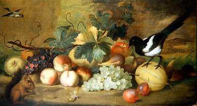 Uma Natureza Morta de Frutas com uma Pega-macaco e um Esquilo Vermelho (óleo sobre tela) de Tobias Stranover