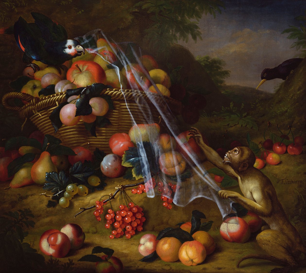 Frutas misturadas com um macaco, um papagaio, um gaio e dois tentilhões em uma paisagem de Tobias Stranover