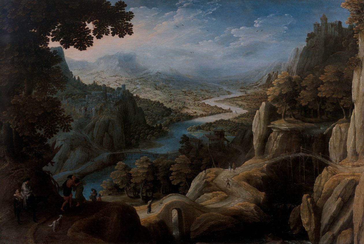 Uma extensa paisagem fluvial montanhosa com a reconciliação de Jacob e Labão, uma cidade fortificada no topo de um penhasco mais além de Tobias Verhaecht