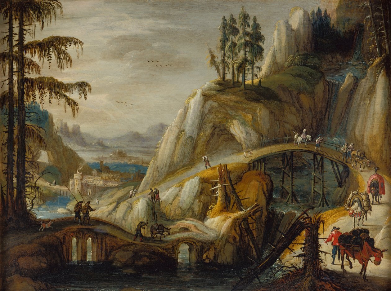 Viajantes numa Paisagem Alpina (óleo sobre painel) de Tobias Verhaecht