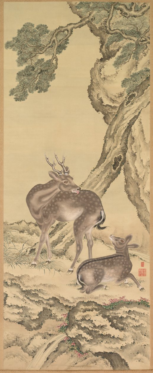 Símbolos de Longevidade: Veado sob Peach e Pine (Peach) (esquerda) de Toda Tadanaka