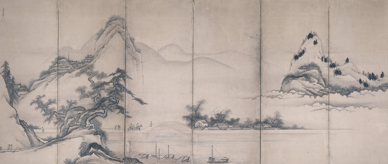 Travelers On A Lakeside Bridge (tinta e cor sobre papel, ecrã de seis dobras) de Toetsu Toetsu