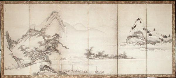 Viajantes numa ponte à beira de um lago, c.1700 (tinta e cor sobre papel) de Toetsu Toetsu