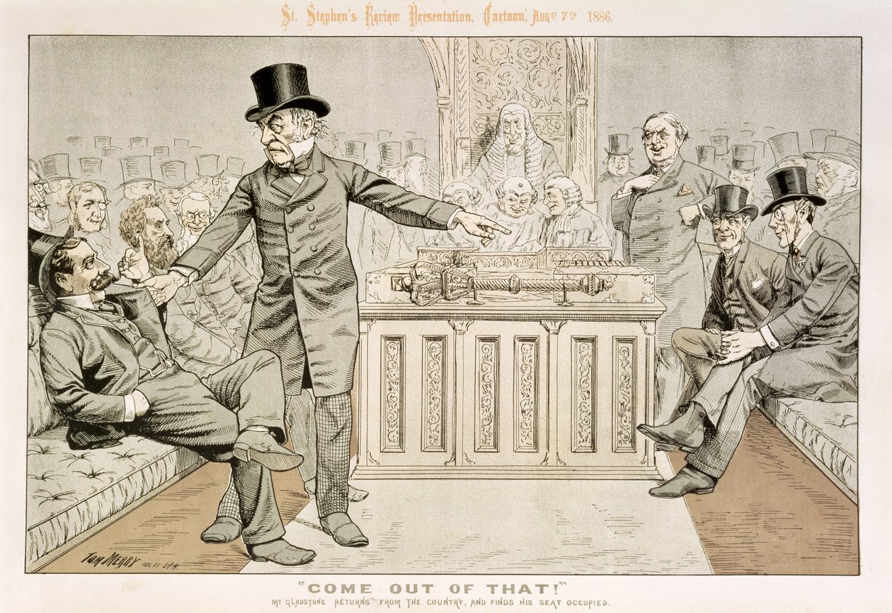 &39;Come Out of That&39;, o Sr. Gladstone retorna do país, e encontra seu assento ocupado, de &39;St. Apresentação de Revisão de Stephen Cartoon, 7 de agosto de 1886 de Tom Merry