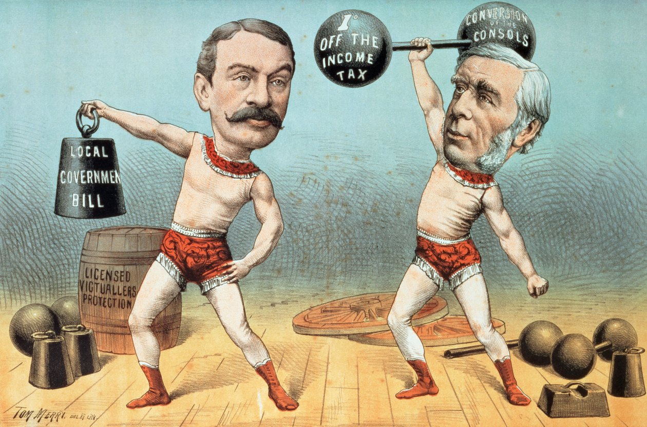 Goschen e Ritchie, os levantadores de peso campeão, agora aparecendo com ótimo sucesso no Westminster Beer Garden, de &39;St. Stephen&39;s Review Apresentação dos desenhos animados &39;, 14 de abril de 1888 de Tom Merry