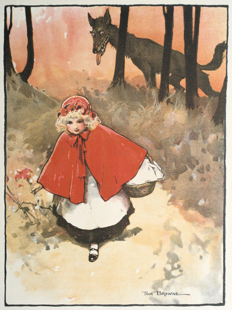 O Capuchinho Vermelho a caminho da casa da avó, observado por um lobo sinistro e sorrateiro. Ilustração de Tom Browne (1872-1910) para o conto de fadas. Publicado em 1900 de Tom Browne
