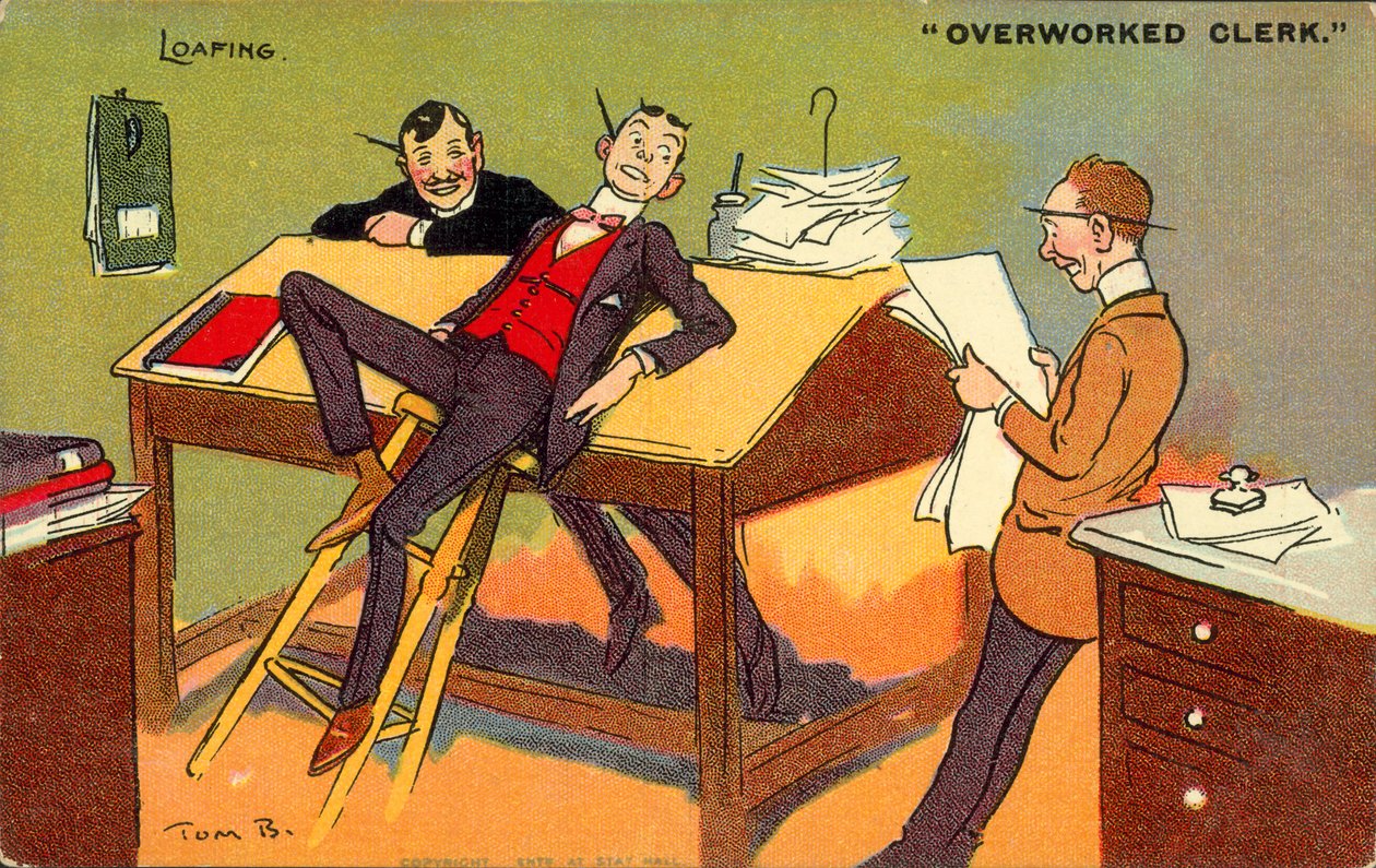 Funcionário preguiçoso e sobrecarregado de trabalho (litografia a cores) de Tom Browne