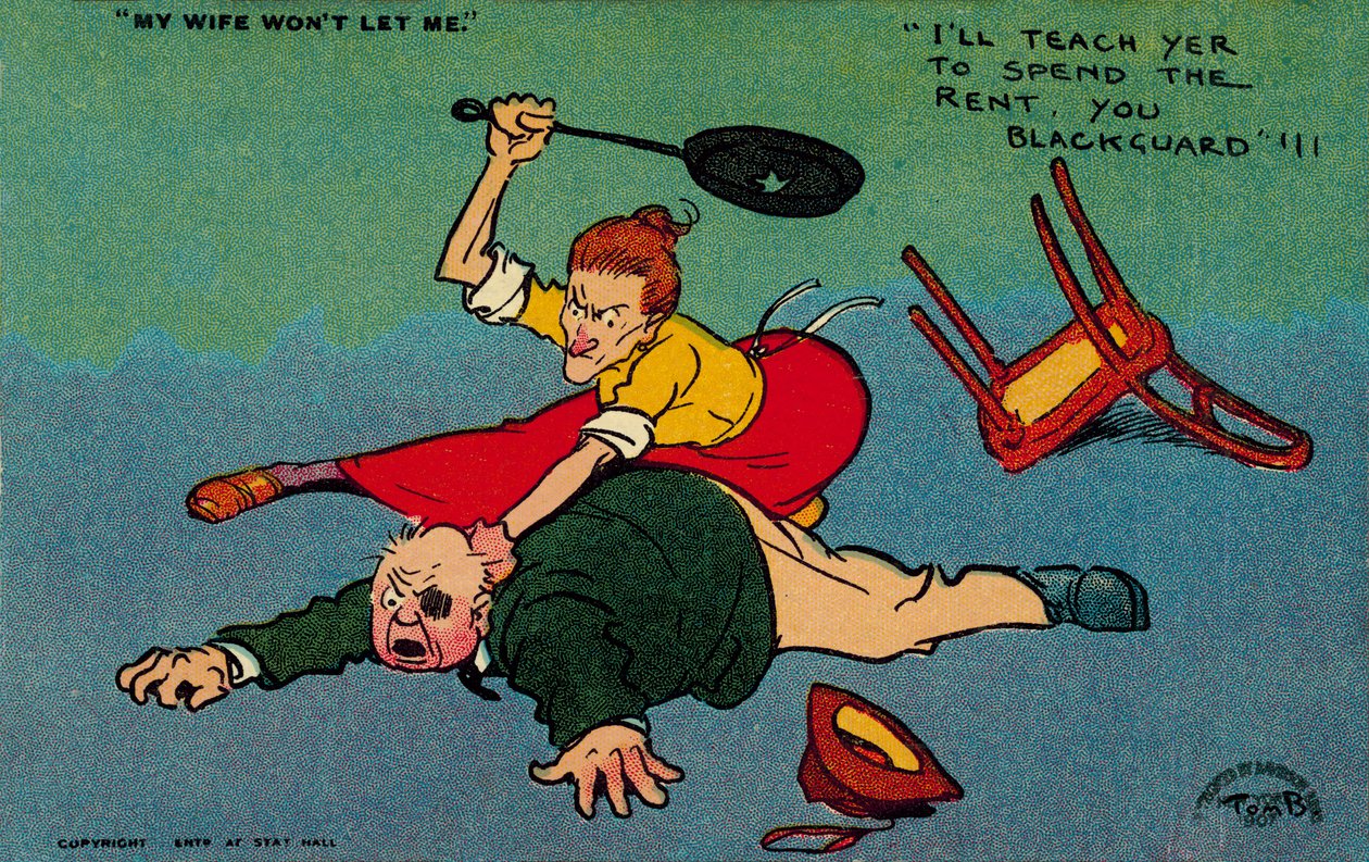 Mulher bate no marido por este ter gasto a renda (litografia a cores) de Tom Browne