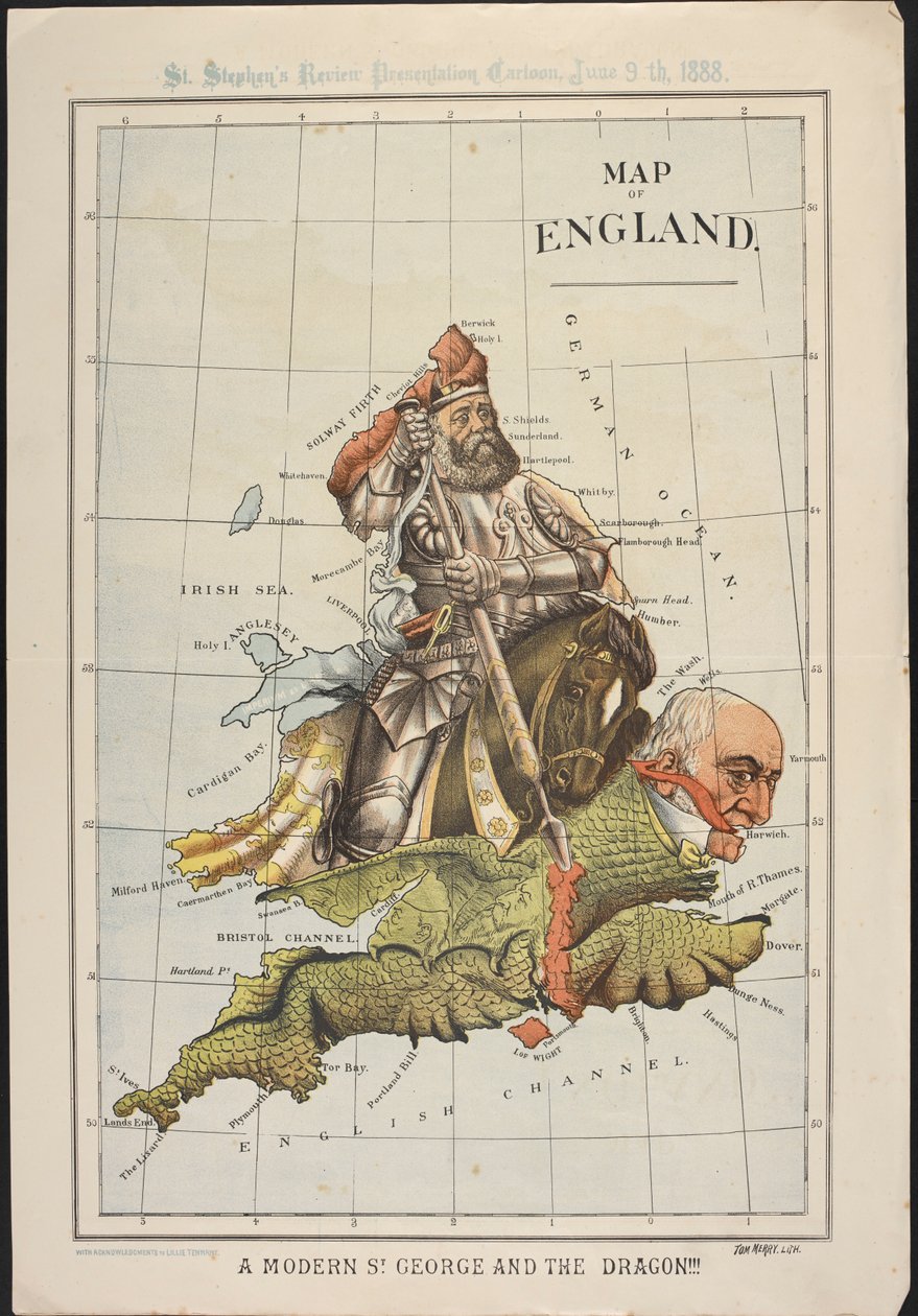 A Modern St George and the Dragon : Uma caricatura política, na forma de um mapa da Inglaterra, satirizando a derrota parlamentar de Gladstone sobre o governo irlandês. St. Stephen