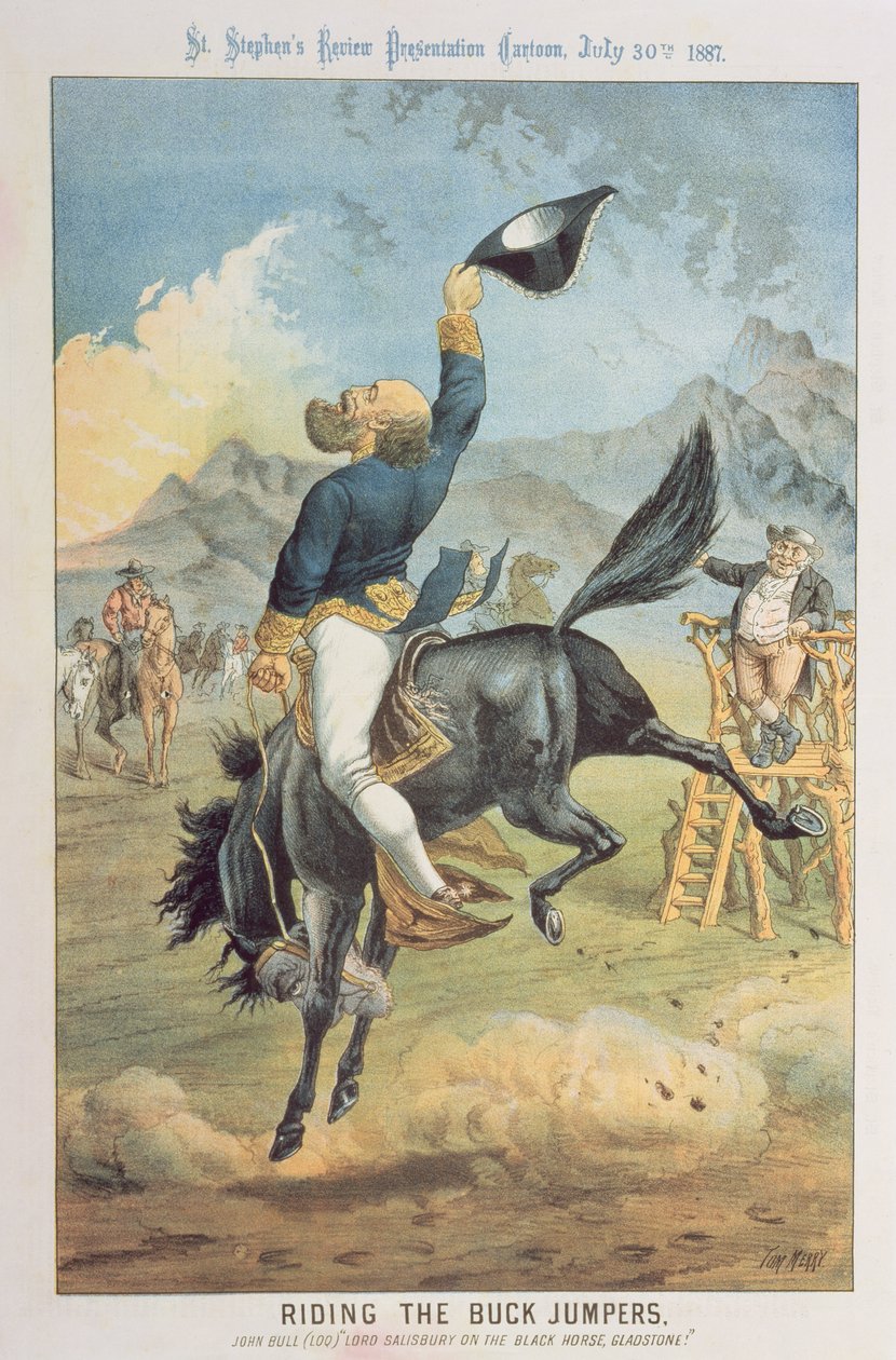 Montando o Buck Jumpers, Lord Salisbury no cavalo preto, Gladstone, de &39;St. Apresentação de Revisão de Stephen Cartoon, 30 de julho de 1887 de Tom Merry