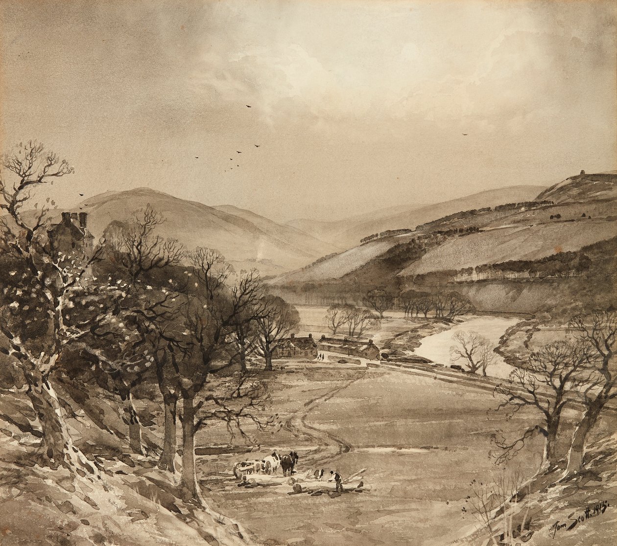 O Vale Ettrick perto de Selkirk (grisaille) de Tom Scott