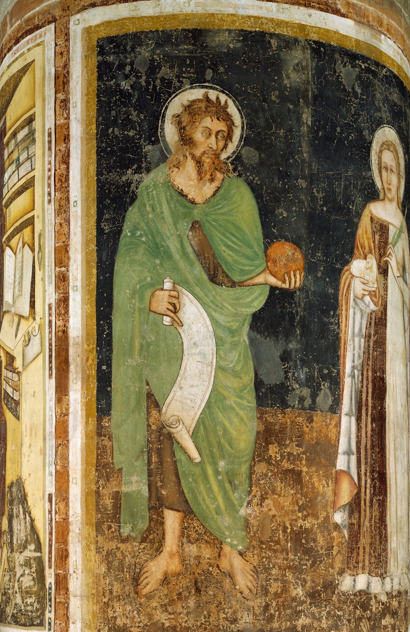 Santa Inês e São João Batista, detalhe da coluna decorada por Tommaso da Modena (1325 ou 1326 - antes de 1379), afresco, Igreja São Nicolau, Treviso, Itália de Tomaso da (late 15th century) Modena