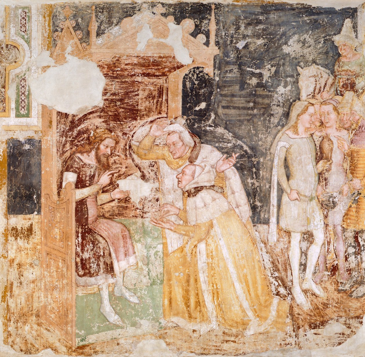 O envio de embaixadores do Rei da Inglaterra, detalhe de Histórias de Santa Úrsula, por Tommaso da Modena (1326-1379), fresco de Tomaso da (late 15th century) Modena