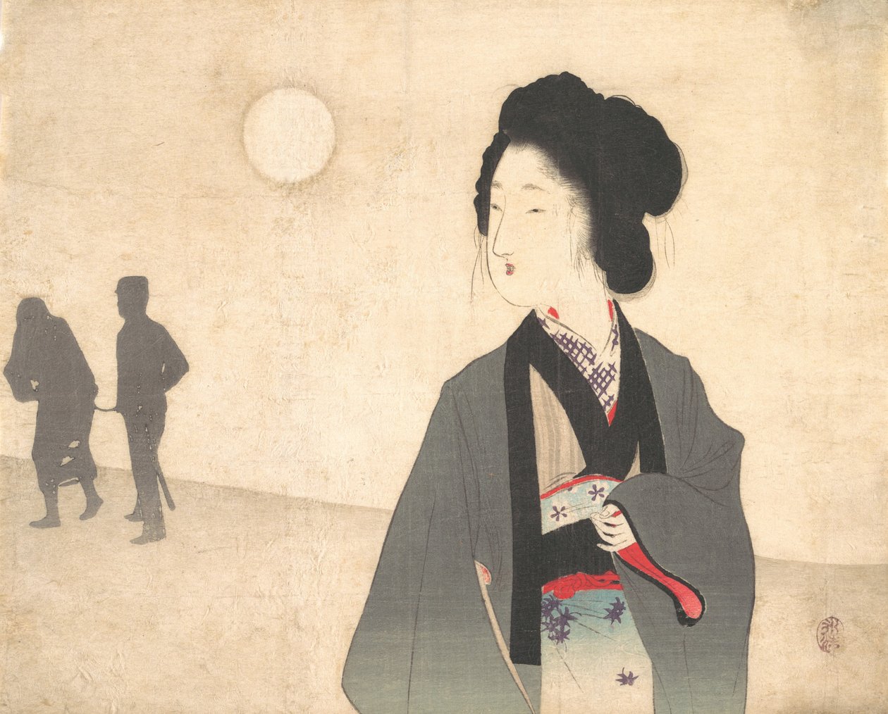 Jovem mulher olha para a silhueta de um prisioneiro masculino sendo levado, início do século 20. de Tomioka Eisen