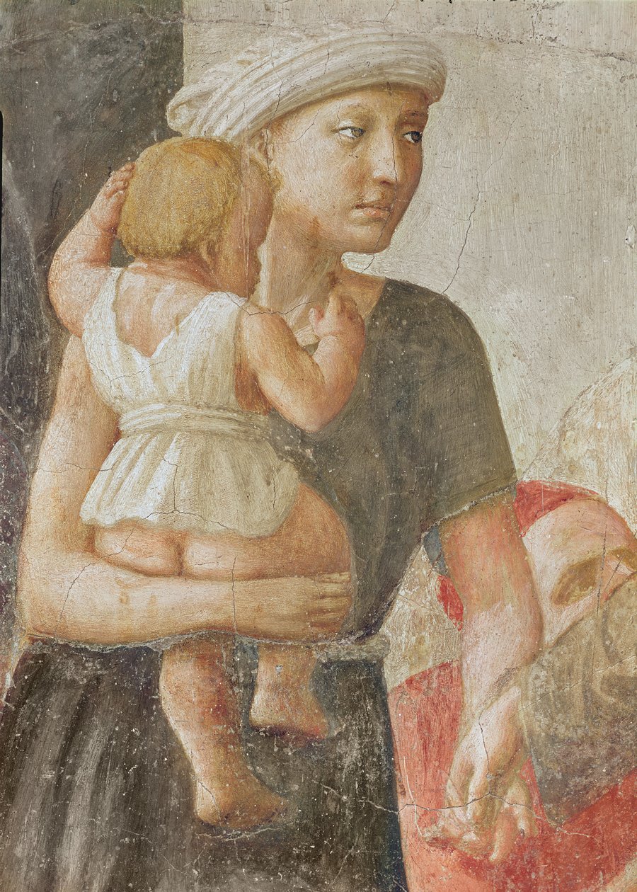 Detalhe da mulher e da criança, de São Pedro e São Paulo Distribuindo Alms, c.1427 (detalhe de 57194) de Tommaso Masaccio