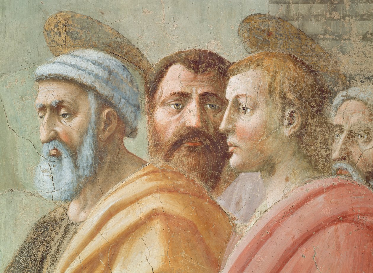 São Pedro Distribuindo os Bens Comuns da Igreja e a Morte de Ananias: detalhe de rostos, incluindo São Pedro, c.1427 de Tommaso Masaccio