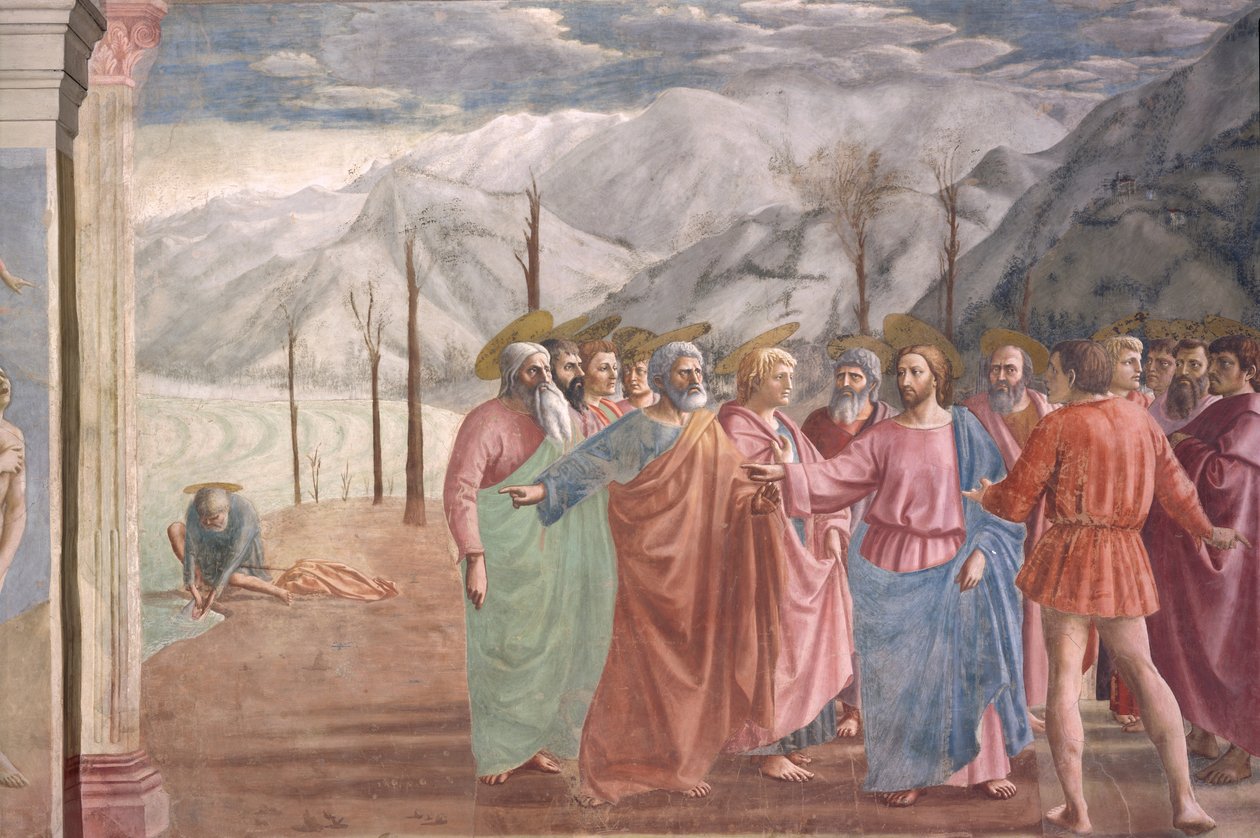 O dinheiro do tributo, da capela Brancacci, c.1426 (detalhe de 31642) de Tommaso Masaccio