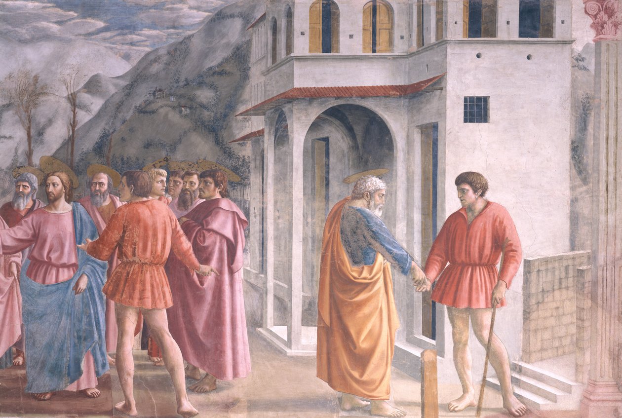 O dinheiro do tributo, da capela Brancacci, c.1426 (detalhe de 31642) de Tommaso Masaccio