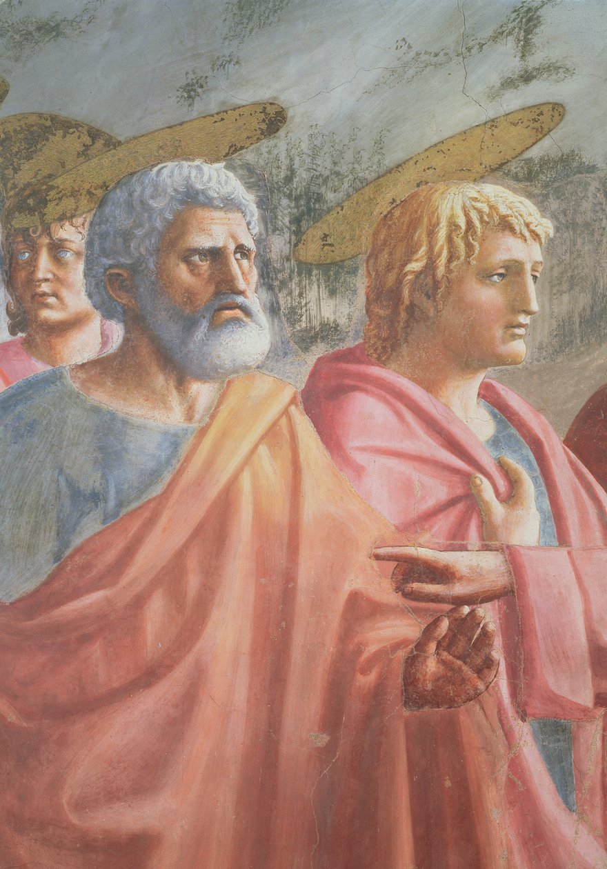 Homenagem ao dinheiro: São Pedro comandado por Cristo para pegar um peixe, também São João Evangelista, c.1427 de Tommaso Masaccio