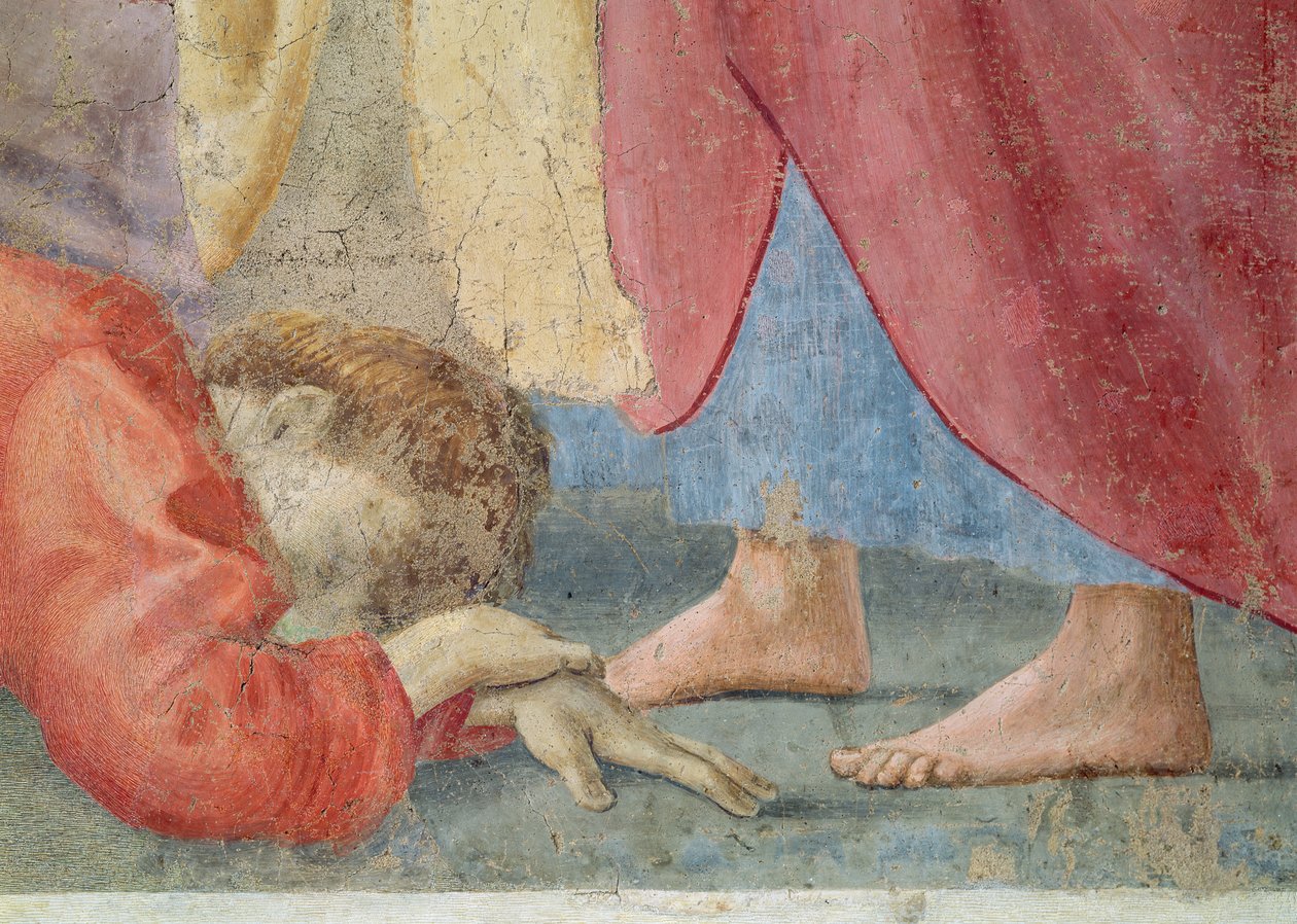 A Tentação de Adão e Eva Pormenor de Eva e da Serpente, c.1427 afresco, ver também 60316 62320e: Detalhe da Tentação de Adão e Eva, c.1427 afrescos, ver também 60316 e 63319 de Tommaso Masolino da Panicale
