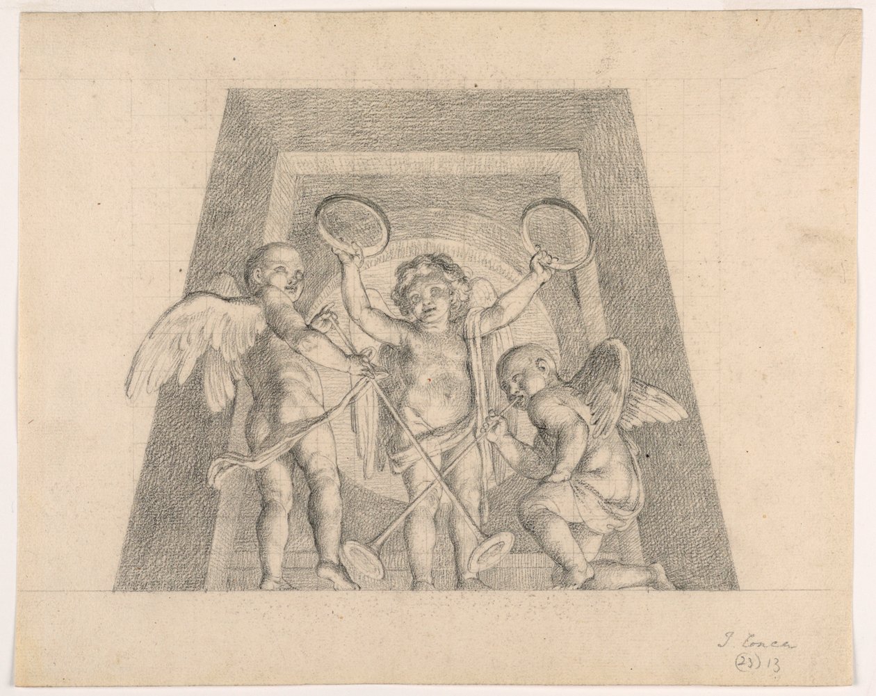 Três Putti com Pandeiros e Trombetas, Design para Lunette da Sala delle Muse, Museo Pio-Clementino, Vaticano de Tommaso Maria Conca