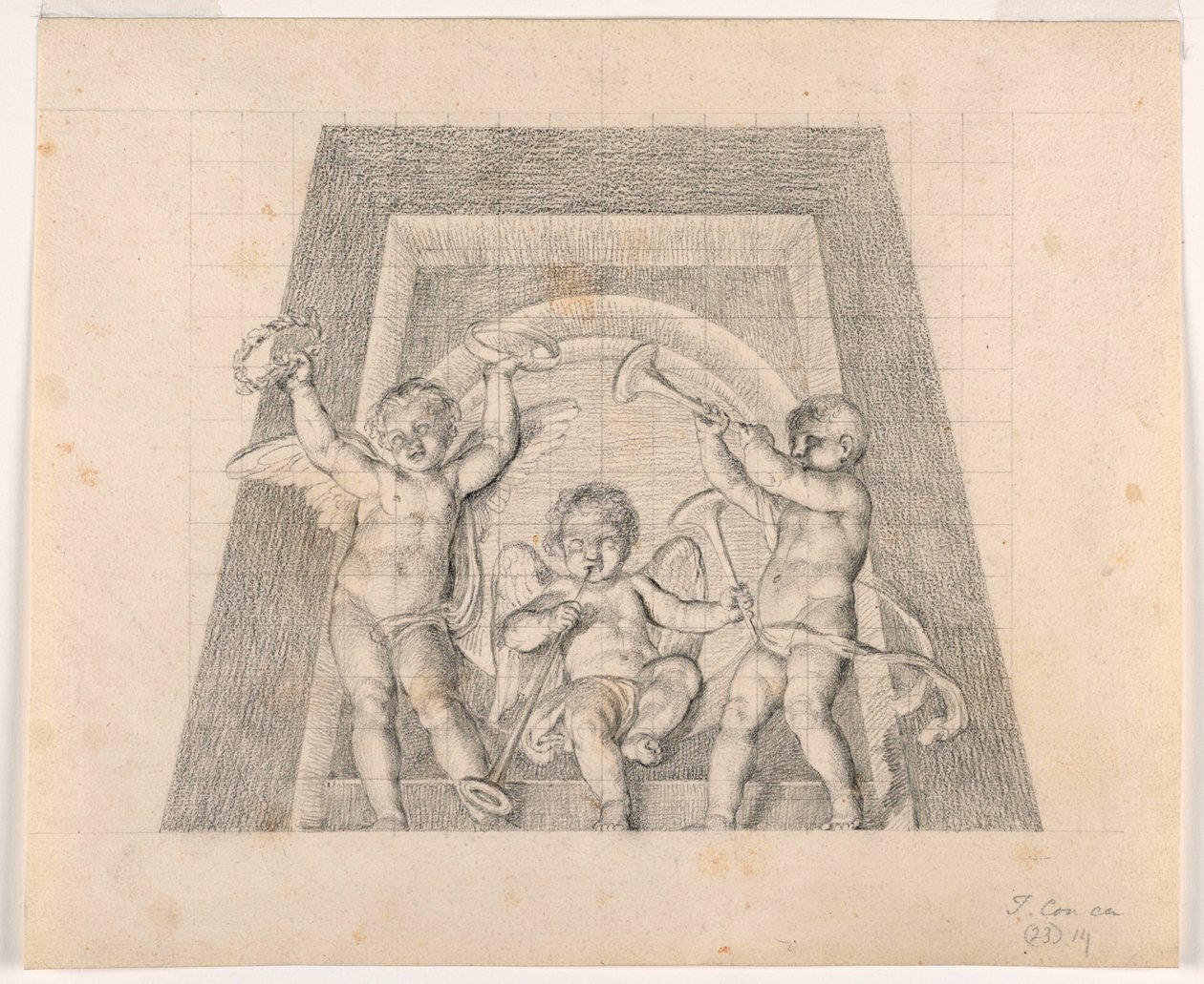 Três Putti com Trombetas, Design para Lunette da Sala delle Muse, Museo Pio-Clementino, Vaticano de Tommaso Maria Conca