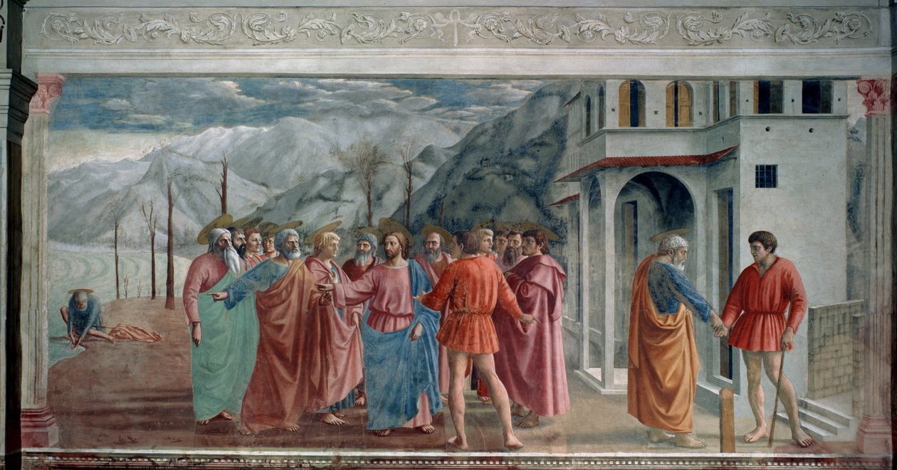 O pagamento do tributo (The Tribute Money). Jesus e os apóstolos chegam a Cafarnaum (ou Kefar Naum, cidade da Galiléia, hoje em Israel) onde devem pagar uma taxa para entrar. À esquerda, Jesus explica a Pedro que ele deve pegar um peixe no de Tommaso Masaccio