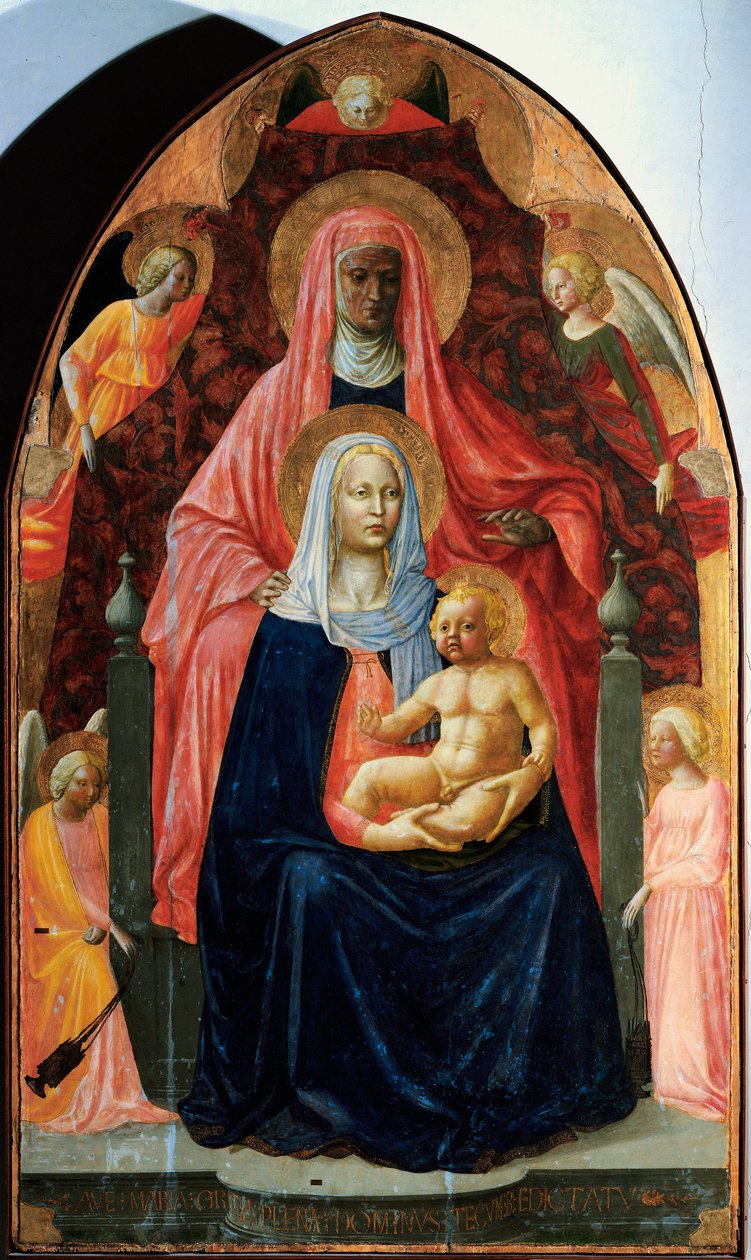 Madonna has Child with Saint Anne and Five Angels Detrempe on wood of Masaccio (Tommaso di ser Giovanni di Mone Cassai) (1401-1428) 1424-1425 Dim. 175x103 cm Florence, Galleria degli Uffizi (Escritórios) de Tommaso Masaccio