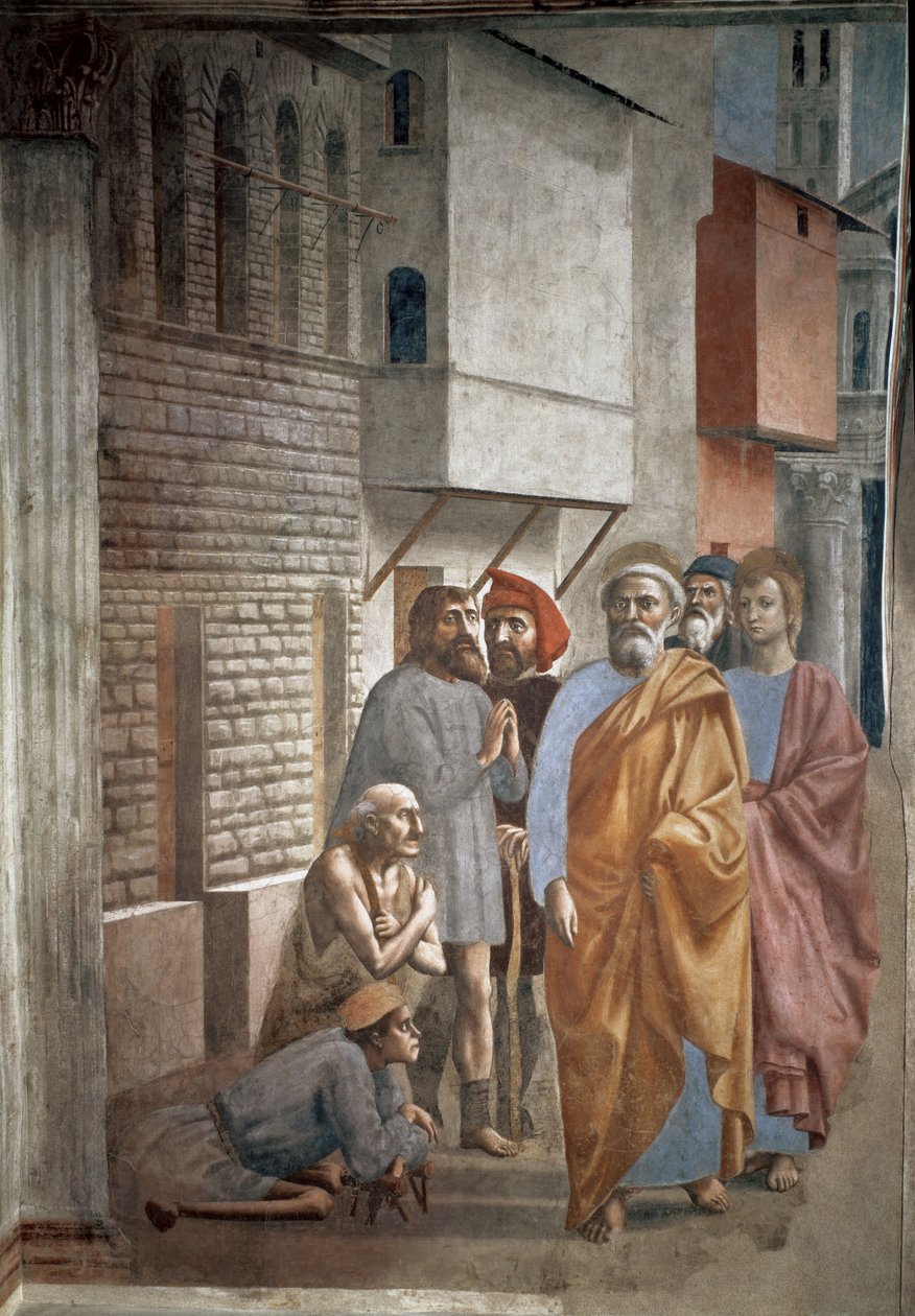 Saint Peter Healing the Sick with His Shadow - A sombra de São Pedro guerreiro des malades - Fresco por Tommaso di ser Giovanni di Mone Cassai dit Masaccio (1401-1428), 229,8x161,9 cm de Tommaso Masaccio