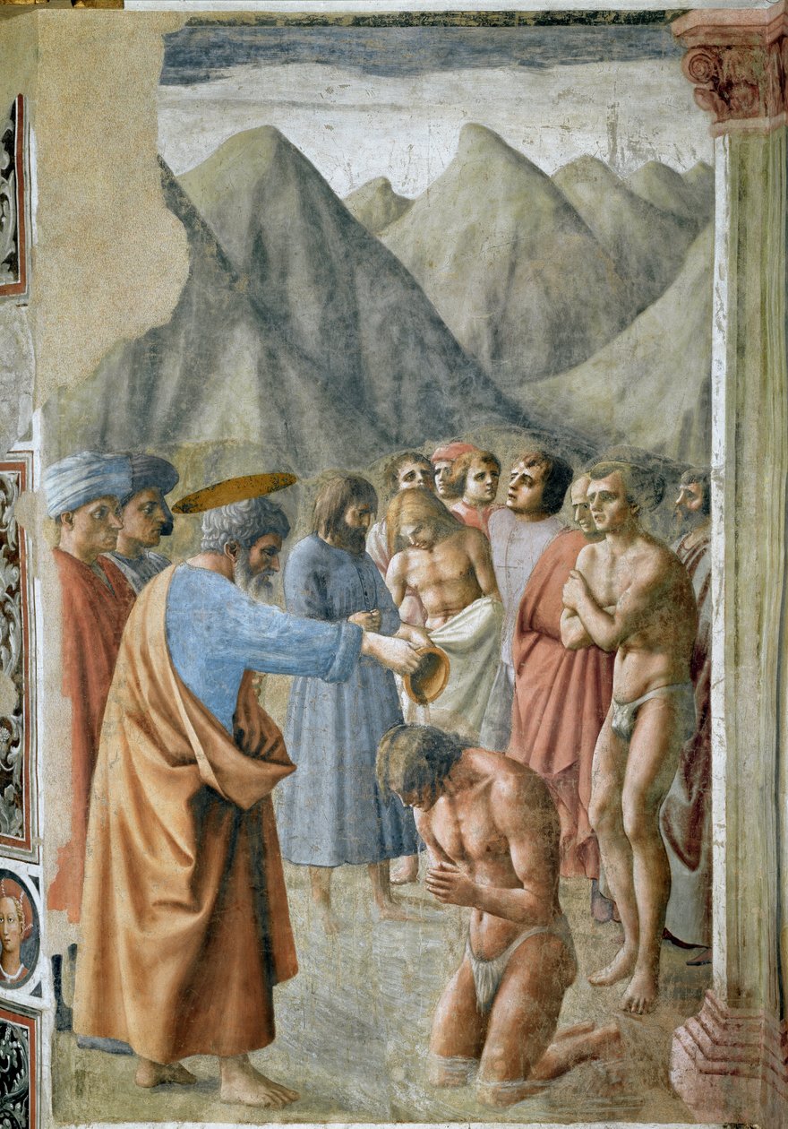 São Pedro batizando os Neófitos Frescos por Masaccio (Tommaso di ser Giovanni di Mone Cassai) (1401-1428) 1425-1427 Dim 229,9x161,9 cm Igreja de Florença de Santa Maria del Carmine, Capela Brancacci de Tommaso Masaccio