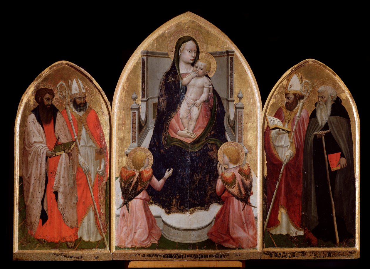 Tríptico de San Giovenale: Virgem e Criança, painel esquerdo com São Bartolomeu e São Blaise, e painel direito retrata São Juvenal (Giovenale) - retábulo de Tommaso Masaccio