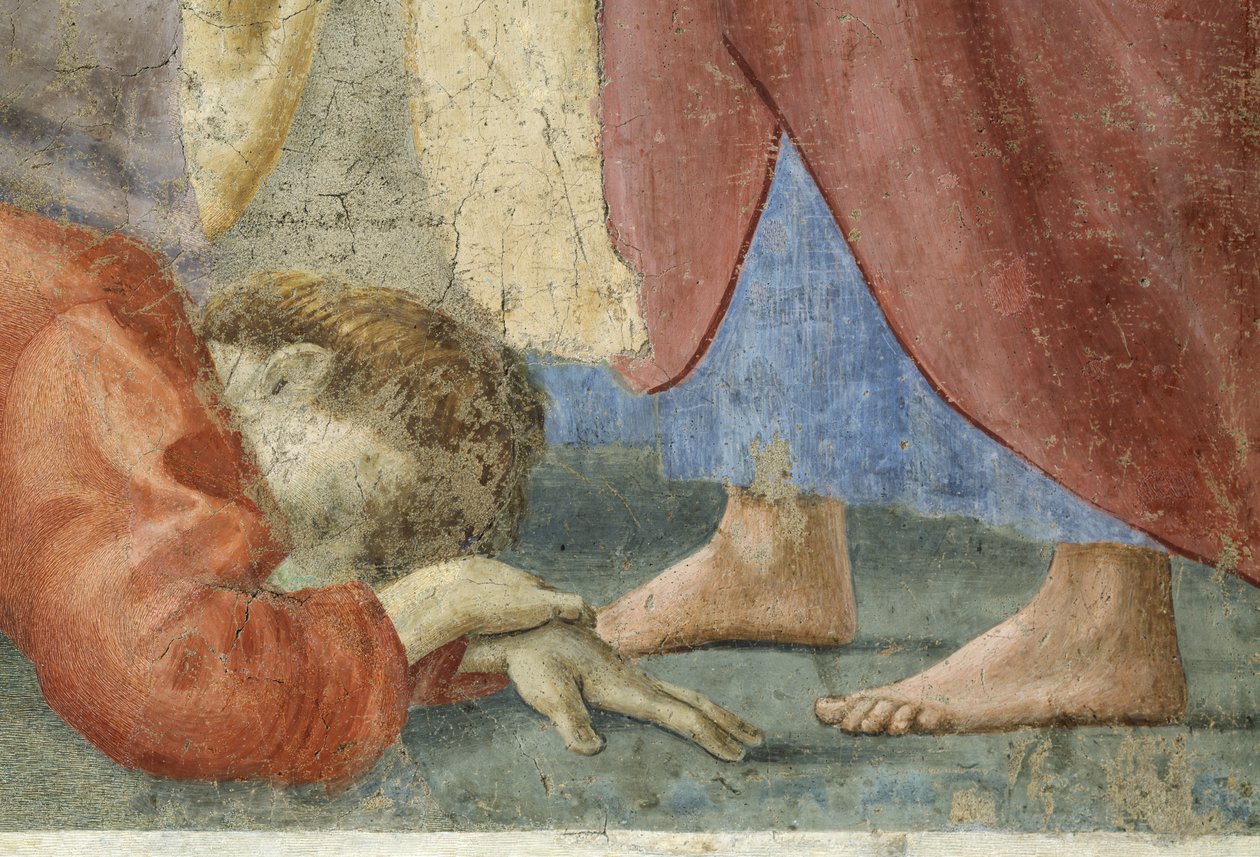 São Pedro Distribuindo os Bens Comuns da Igreja, e a Morte de Ananias, Detalhe de Ananias, morto aos pés de São Pedro, c.1427 afrescos, ver também 57194, 63322 e 63323 de Tommaso Masaccio