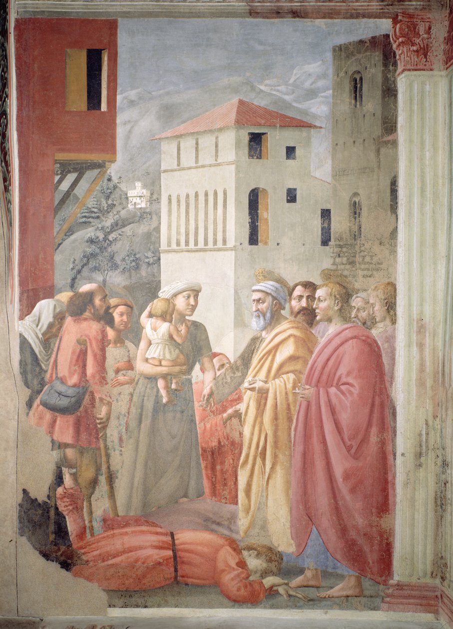 São Pedro Distribuindo os Bens Comuns da Igreja e a Morte de Ananias, c.1427 de Tommaso Masaccio