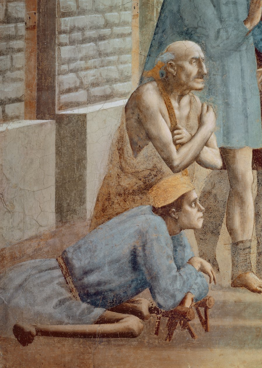 São Pedro Cura Com Seu Detalhe Sombrio do Aleijado, c.1427 veja também 60321 & 63310 afrescos de Tommaso Masaccio