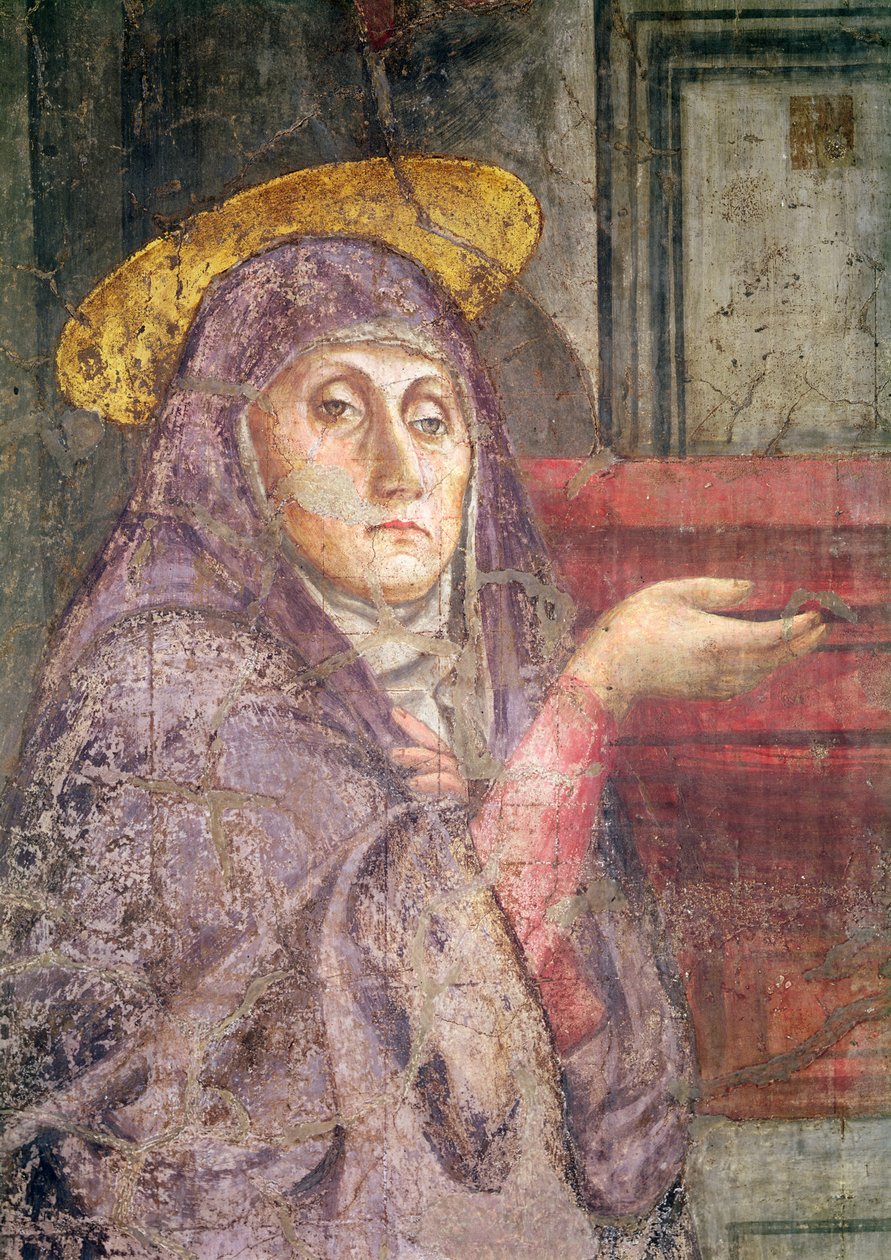 A Santíssima Trindade, detalhe da cabeça da Virgem Maria, 1427-28 (detalhe de 173689) de Tommaso Masaccio