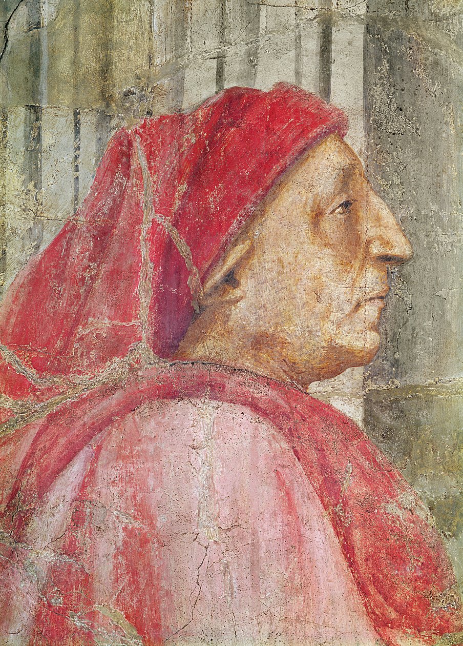 A Santíssima Trindade, detalhe da cabeça do doador do sexo masculino, detalhe afresco 1427-28 de 173689 de Tommaso Masaccio