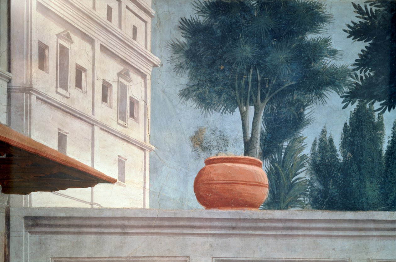 A criação do filho de Teófilo, rei de Antioquia Detalhe da vista sobre a parede do pátio, c.1427 afrescos também ver 63302 de Tommaso Masaccio