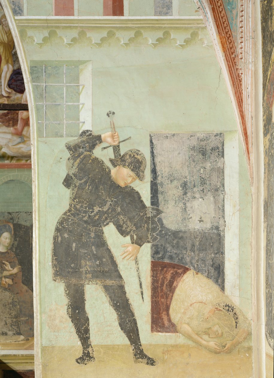 Ciclo de vida de São João Batista: Soldado prestes a decapitar João Batista de Tommaso Masolino da Panicale