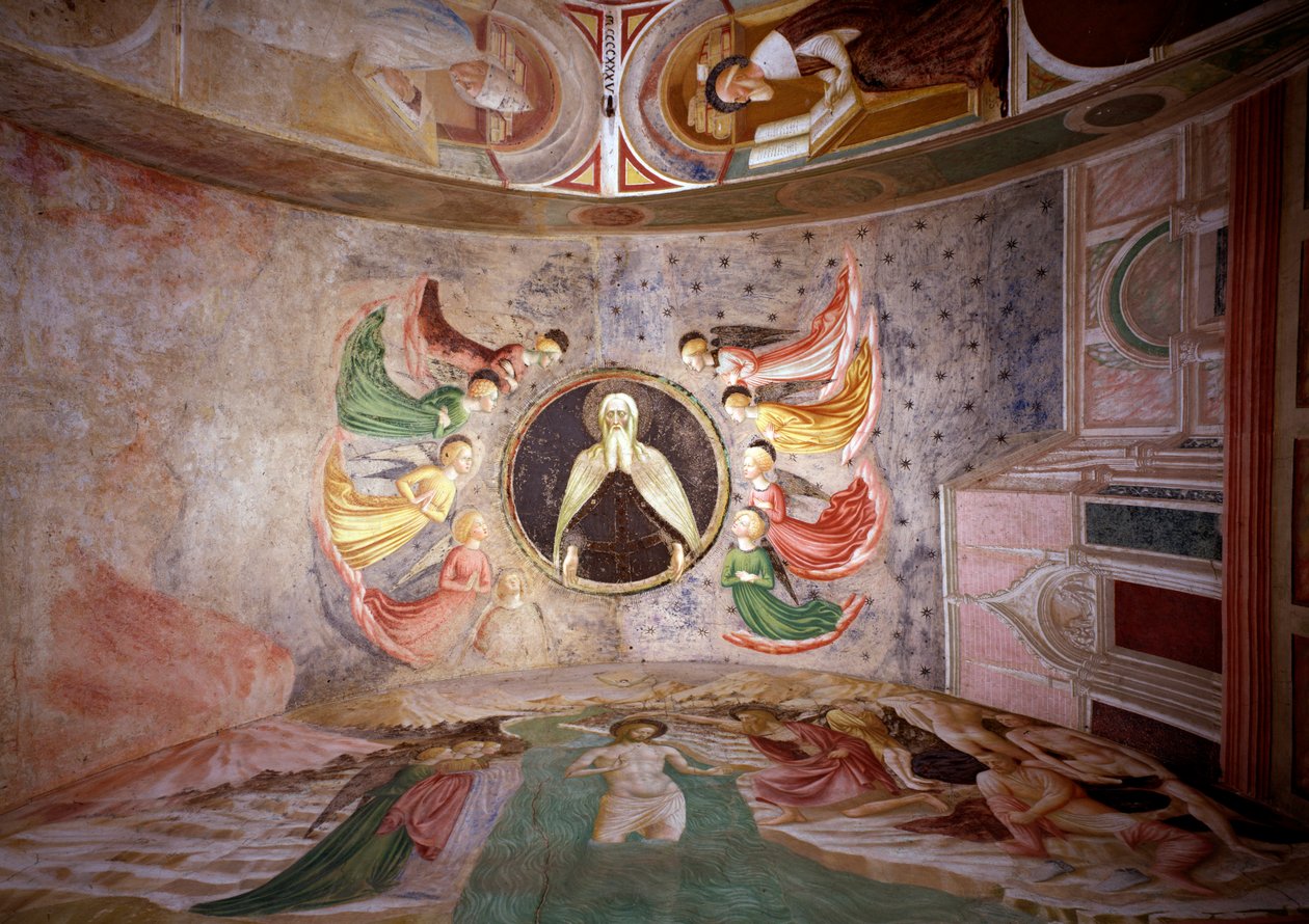 Ciclo de vida de São João Batista: “” Deus Pai envolve os anjos ””, o batismo de Cristo e São Jerônimo em seu estudo - de Tommaso Masolino da Panicale