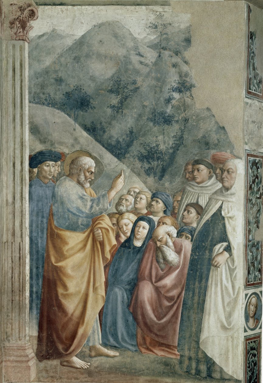 Pregação de São Pedro - Fresco por Tommaso di Cristoforo Fini dit Masolino da Panicale (1383-around 1440), 255x162 cm, cerca de 1425. Florença, Igreja de Santa Maria del Carmine, Capela Brancacci de Tommaso Masolino da Panicale