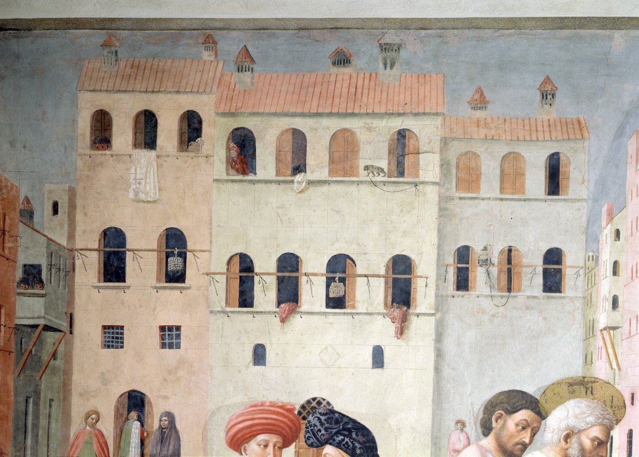São Pedro Cura um aleijado e o ressurgimento de Tabitha Detalhe da arquitetura de fundo, c.1427 afrescos também ver 57195 de Tommaso Masolino da Panicale