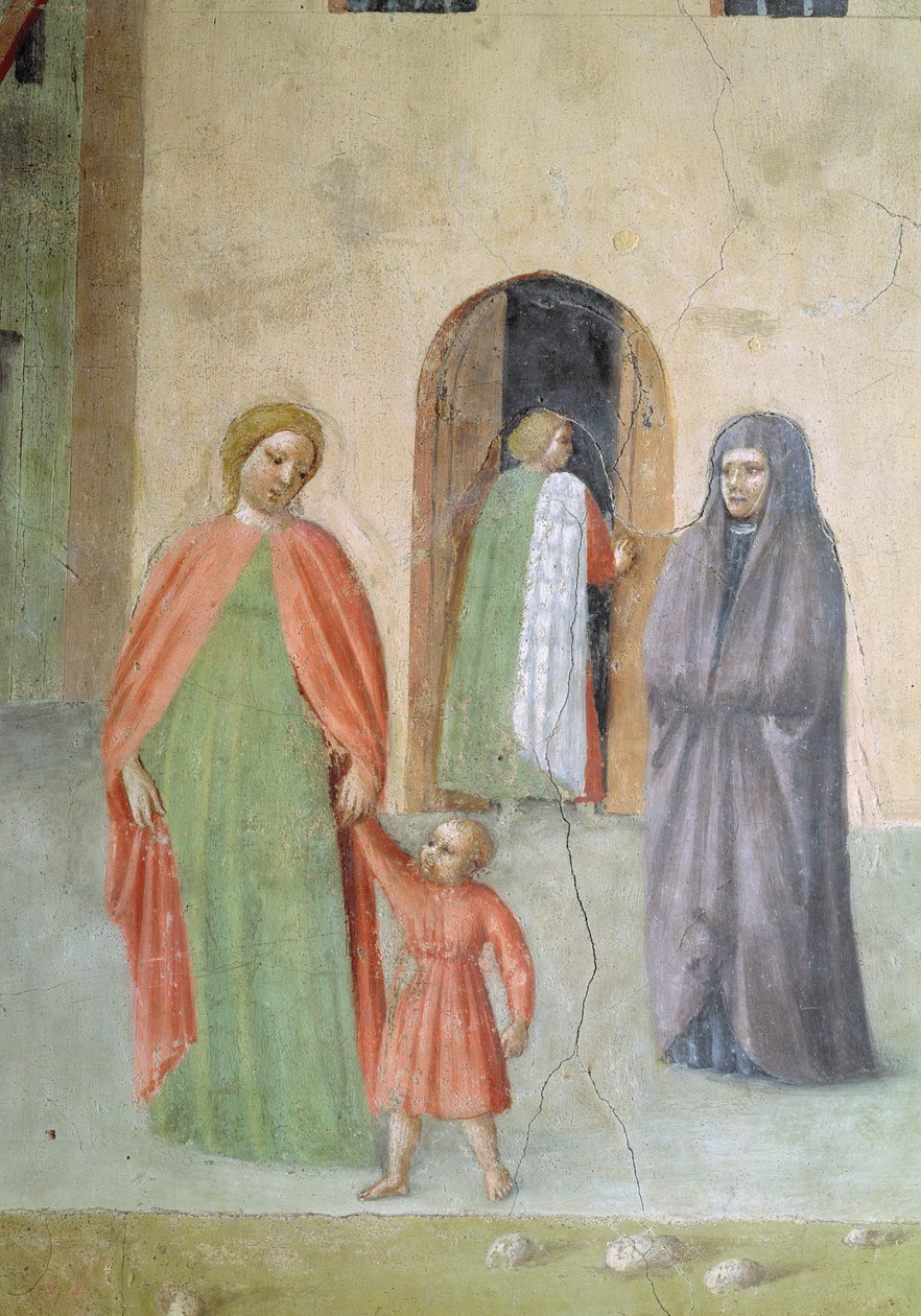 São Pedro curando um aleijado e o surgimento de Tabita: detalhe de figuras distantes: freira e mãe e filho, afresco c.1427 de Tommaso Masolino da Panicale
