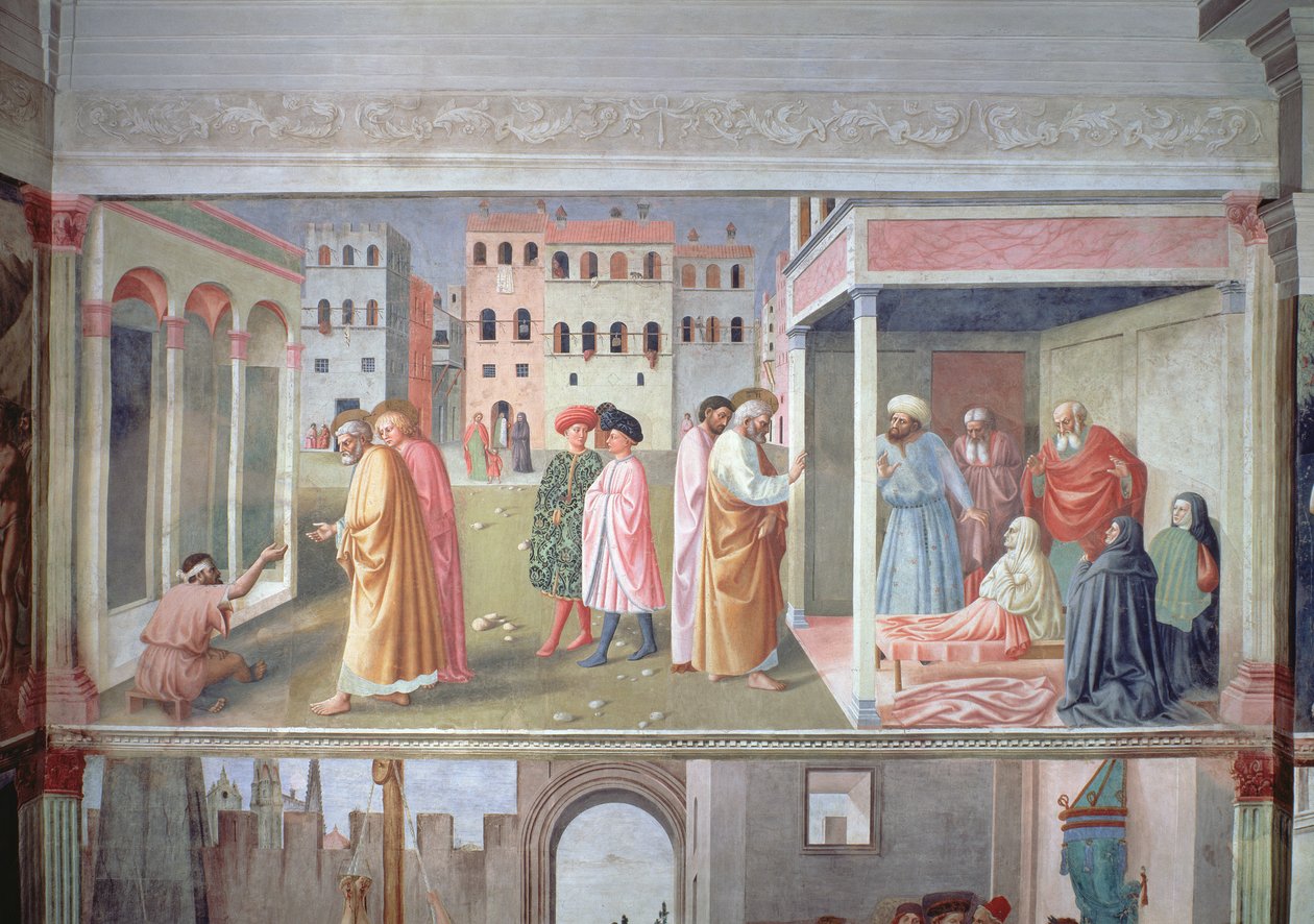 São Pedro curando um aleijado, e a criação de Tabitha, c.1427 afrescos, veja 60508 para detalhes do último de Tommaso Masolino da Panicale