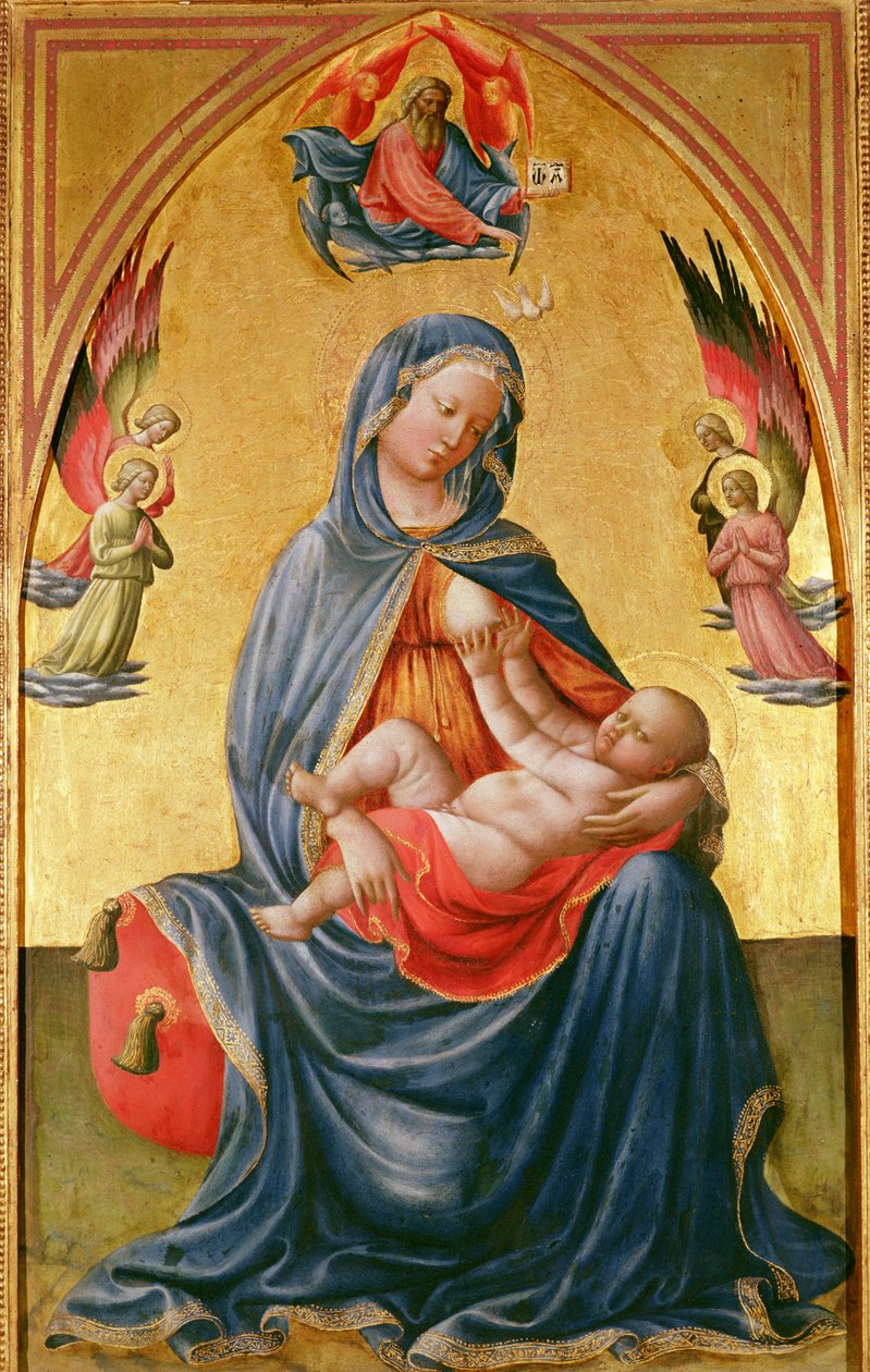 Virgem e Filho com Deus Pai, Espírito Santo e Anjos de Tommaso Masolino da Panicale