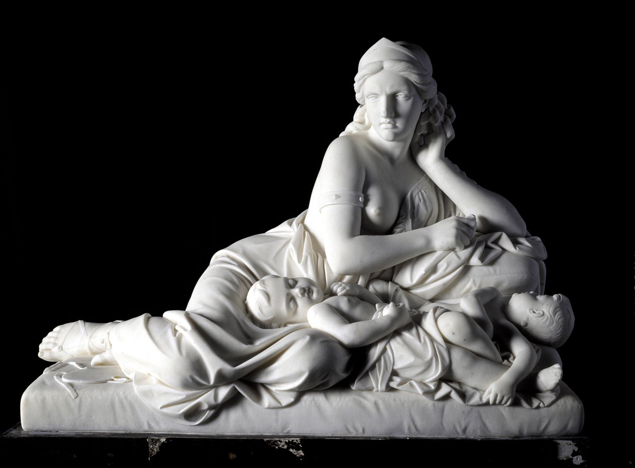 Medeia em matar seus filhos Escultura de mármore de Tommaso Solari (1820-1897) 1863. Dim. 60x80x38 cm Da coleção do Príncipe Odone di savoia. Genes, Galeria de Arte Moderna, inv. 744 de Tommaso Solari