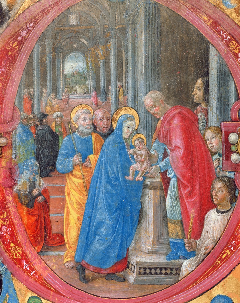 Corale B 26 c.113r C inicializado em historiação representando a Apresentação no Templo, com um retrato de Lorenzo, o Magnífico 1449-92, por uma coluna no lado direito, detalhe de velino de 179198 de Tommaso di Baldassare