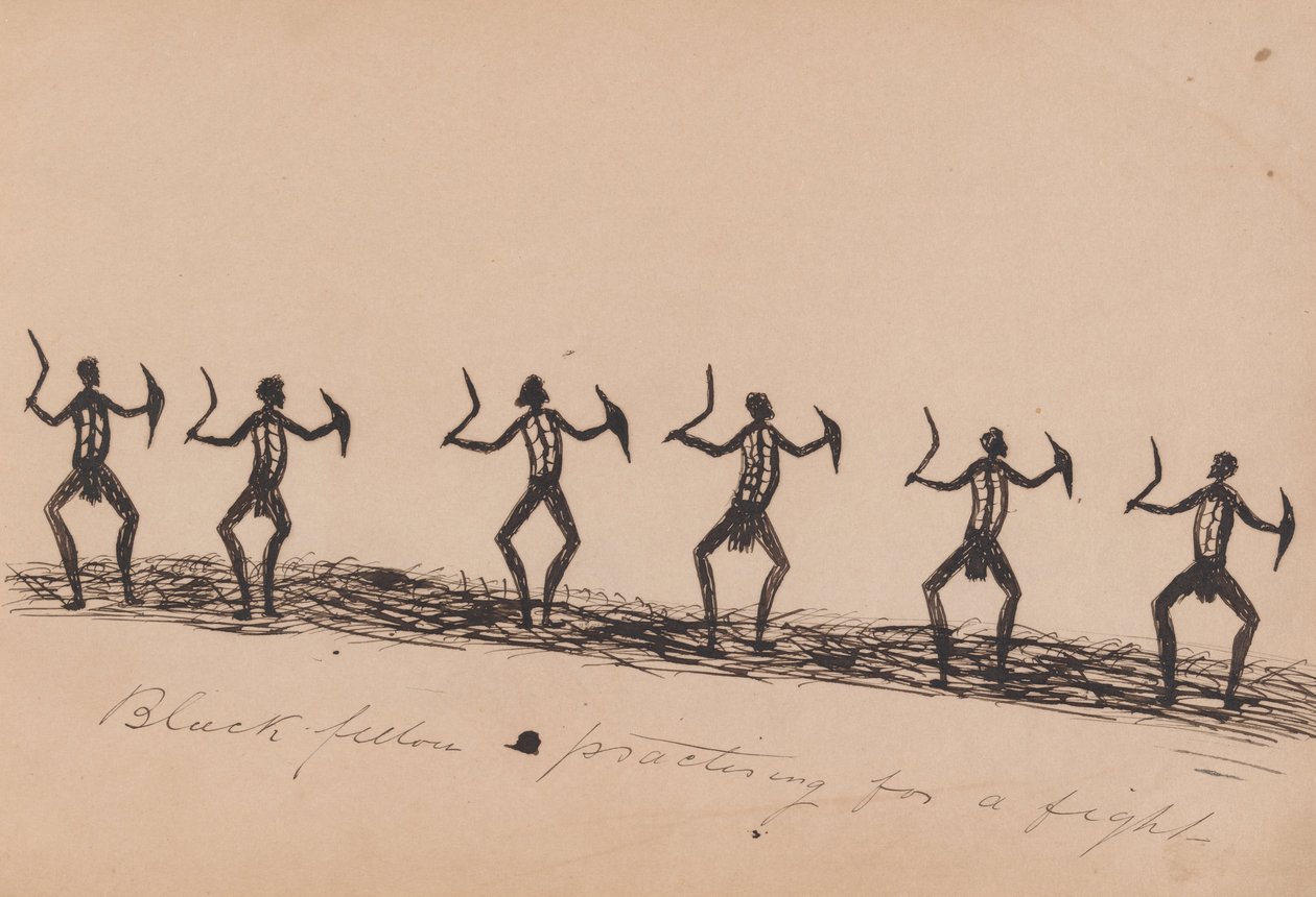 Kwatkwat people - Companheiro negro praticando para uma luta - Sketchbook of Aboriginal activities de Tommy McRae